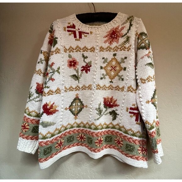 Vintage Hunters Run Mixed Floral Pattern Hand Knitted Sweater Large Ramie Cotton - Picture 1 of 9